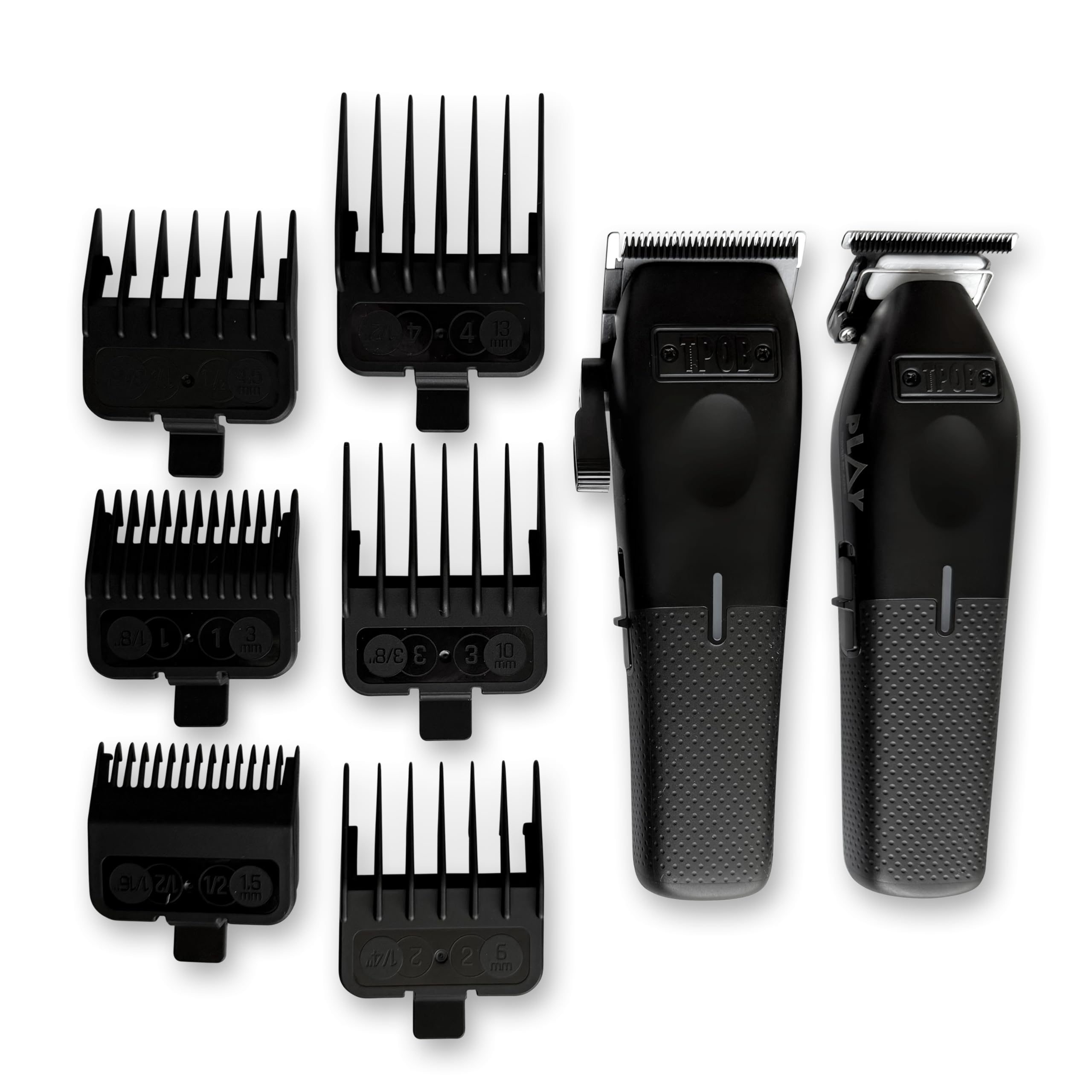 TPOB Mini Play black clippers side angle showing ergonomic grip for steady fades