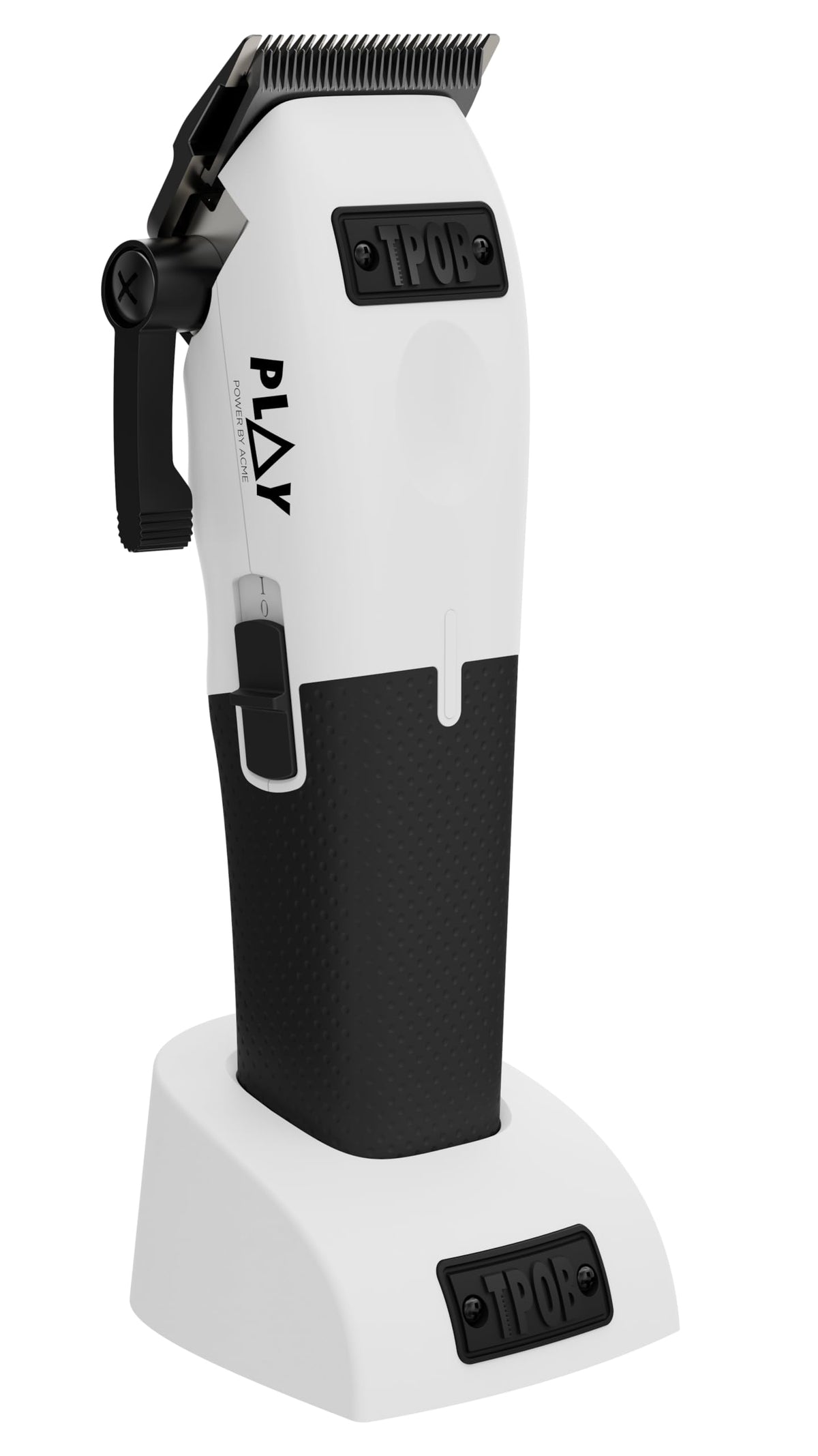 TPOB Play Barber Clippers front view with ergonomic rubber grip for steady trimming.