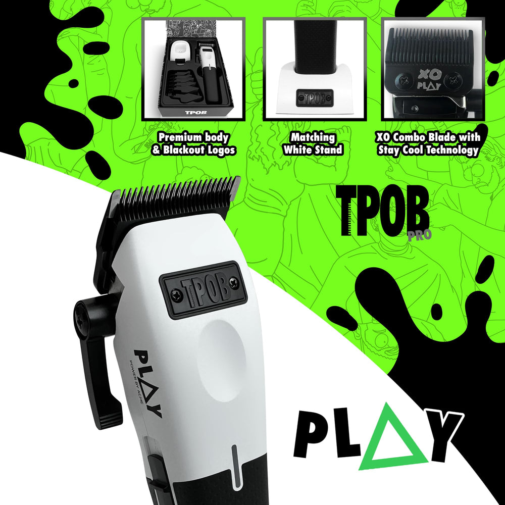 TPOB Play Barber Clippers top view with charging base for ready to use convenience.