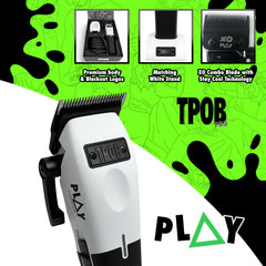 TPOB Play Barber Clippers top view with charging base for ready to use convenience.
