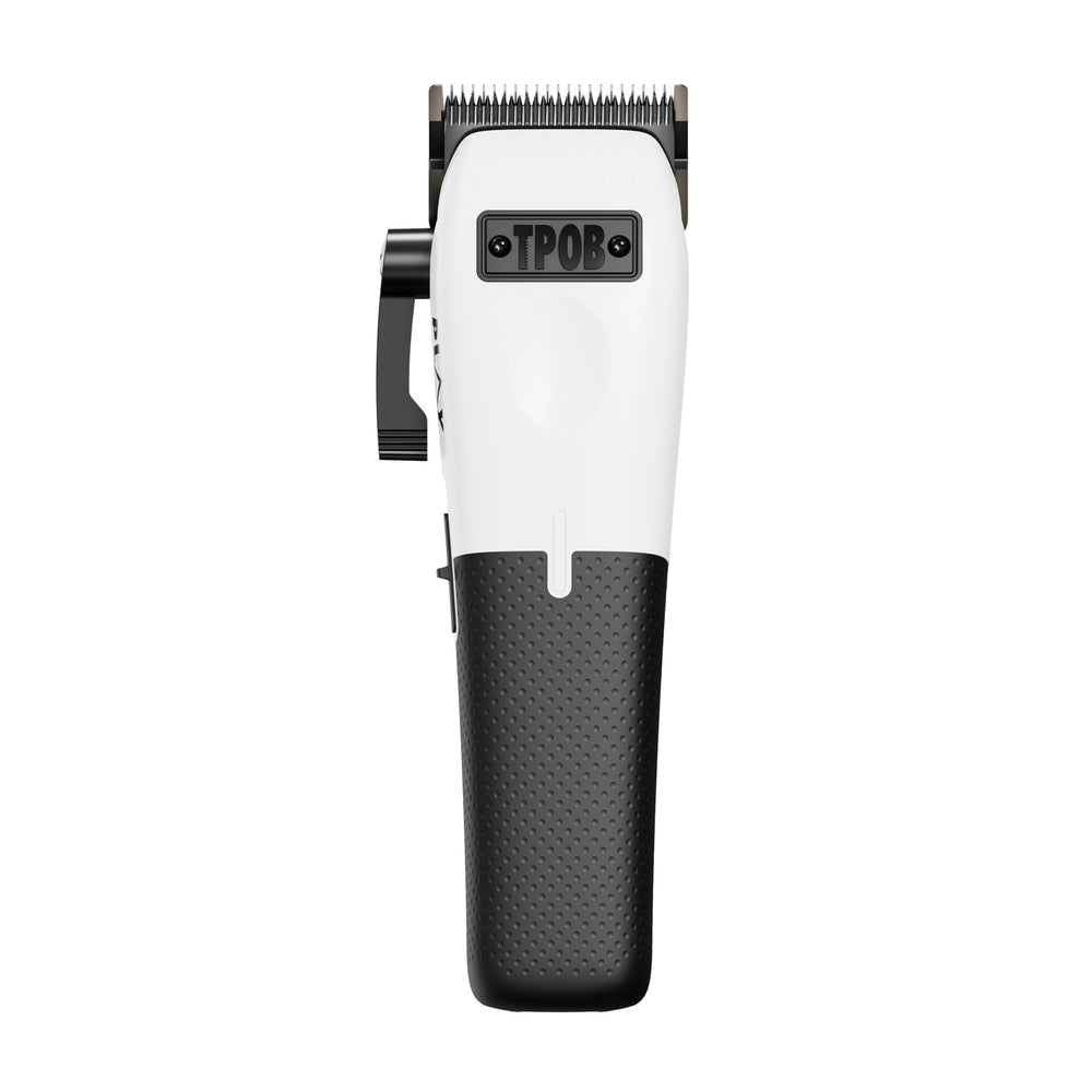 TPOB Play clipper side view in white highlights slim profile for precise fades.