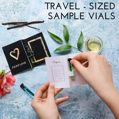 Tradeberry perfume vials close-up showing 12-pack design for testing scents.