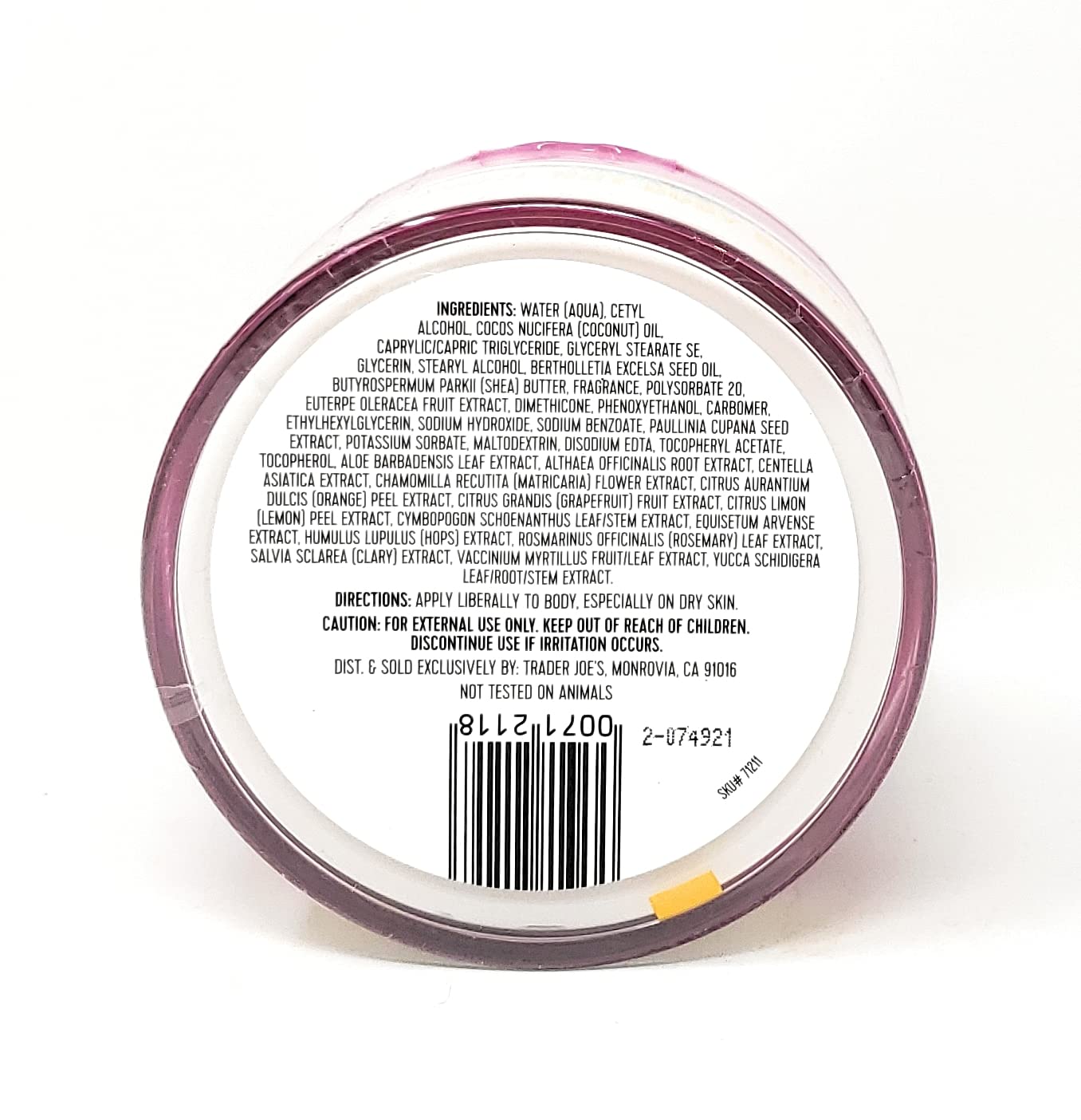 Trader Joe's Brazil Nut Body Butter ingredients panel featuring acai and guarana extracts