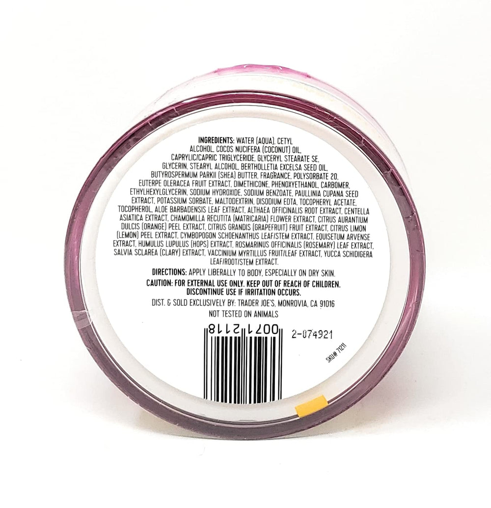 Trader Joe's Brazil Nut Body Butter ingredients panel featuring acai and guarana extracts