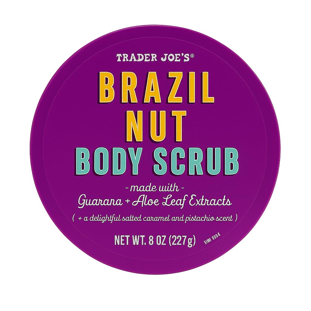 Trader Joe's Brazil Nut Body Scrub jar close-up highlighting exfoliating texture for smooth skin