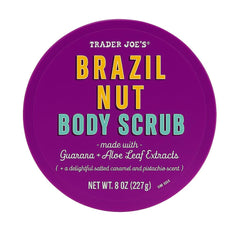 Trader Joe's Brazil Nut Body Scrub jar close-up highlighting exfoliating texture for smooth skin