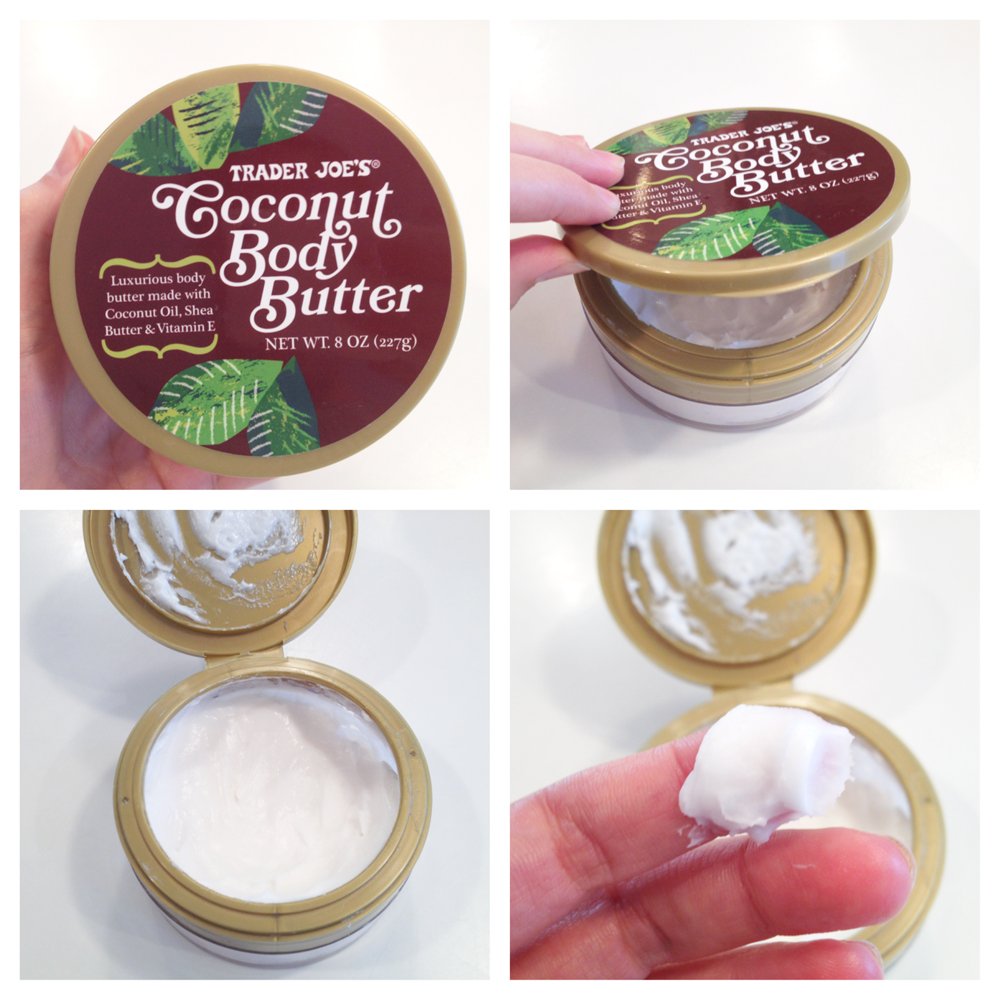 Trader Joe's Coconut Body Butter ingredients list featuring shea butter and vitamin E