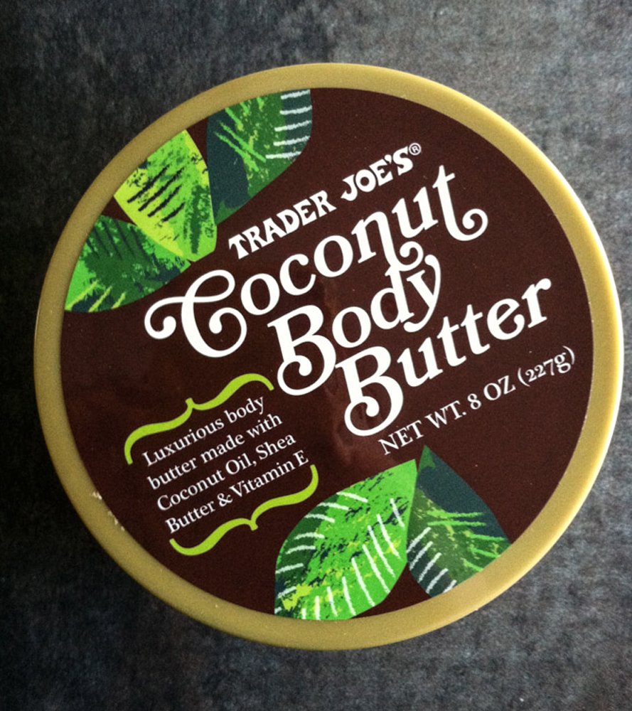 Trader Joe's Coconut Body Butter packaging on shelf highlighting cruelty-free formula