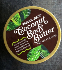 Trader Joe's Coconut Body Butter packaging on shelf highlighting cruelty-free formula
