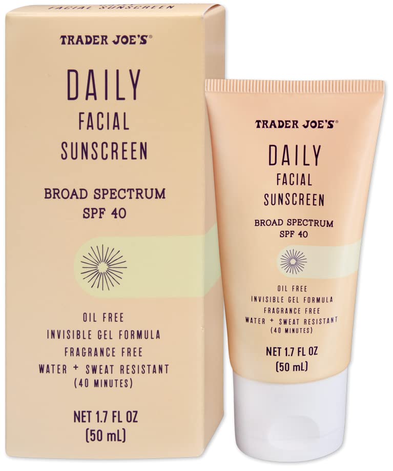 Trader Joe's Daily Facial Sunscreen front packaging shows oil-free formula ideal for daily wear.