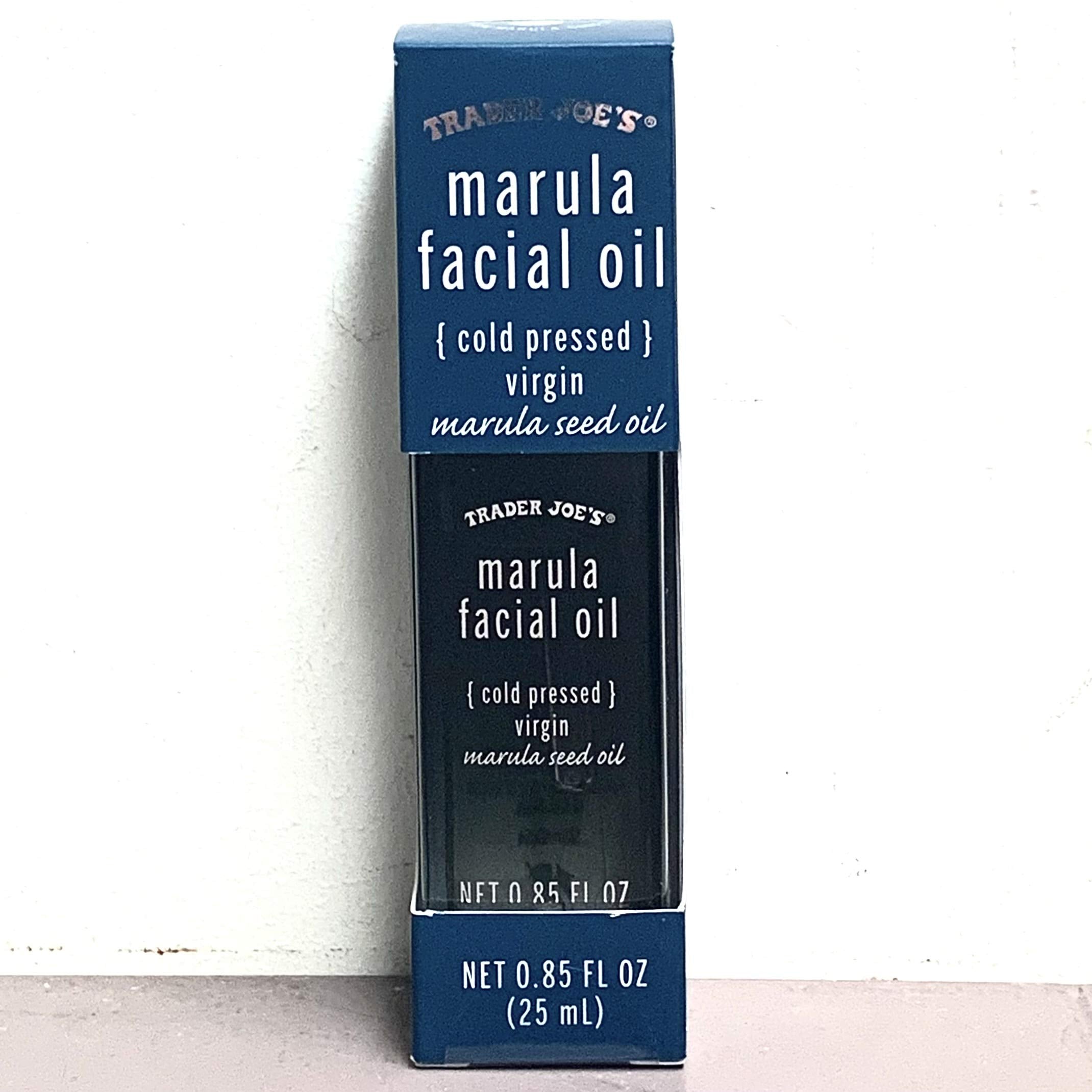 Trader Joe's Hydrating Marula Facial Oil bottle demonstrates light, non-greasy hydration for radiant skin.