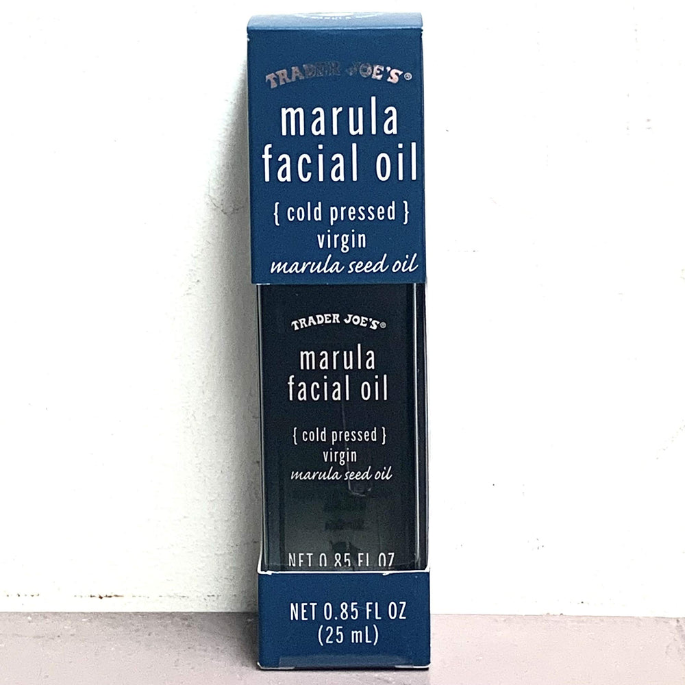 Trader Joe's Hydrating Marula Facial Oil bottle demonstrates light, non-greasy hydration for radiant skin.