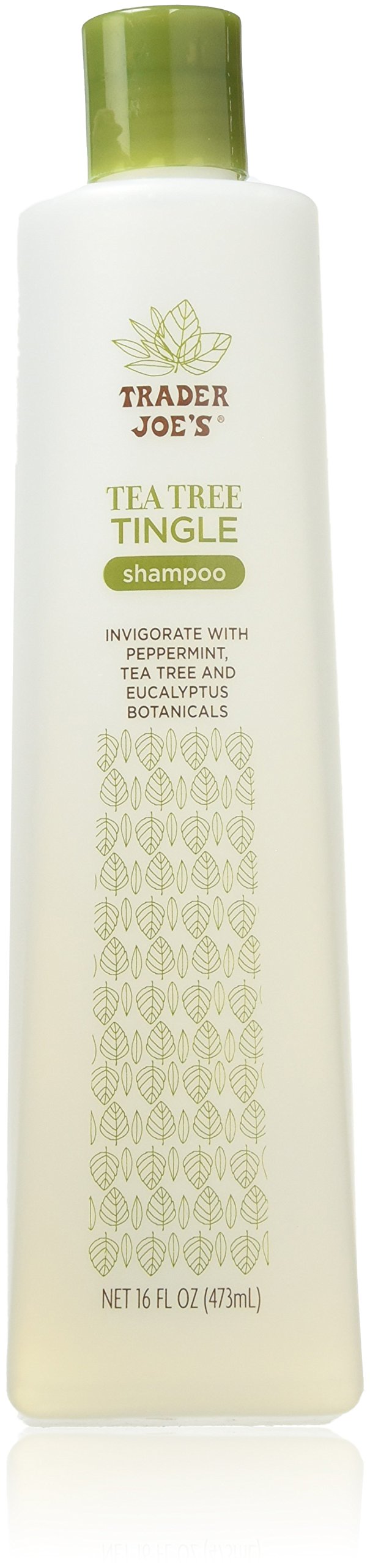 Trader Joe's Tea Tree Tingle Shampoo bottle showcasing minty scalp refresh