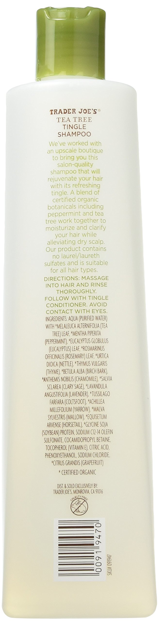 Trader Joe's shampoo label close-up highlighting organic botanicals and sulfate-free goodness