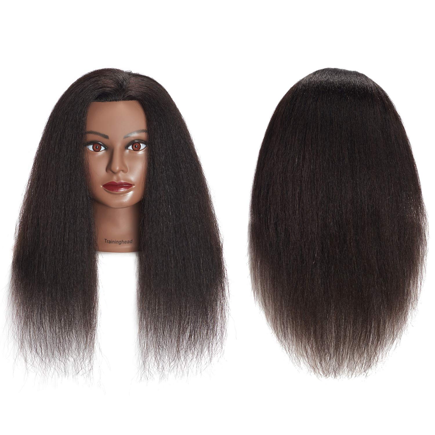 Traininghead black-hair-mannequin-head with 16-inch hair for accurate trimming and styling.