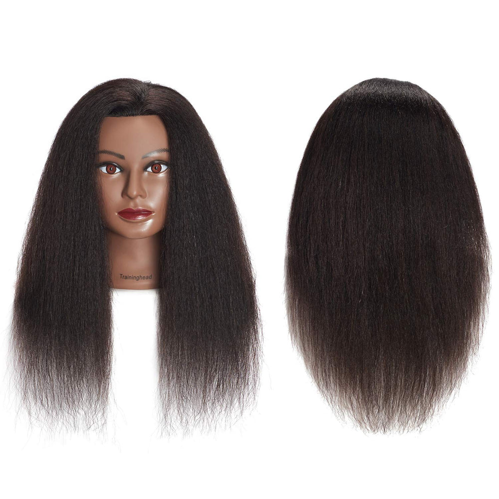Traininghead black-hair-mannequin-head with 16-inch hair for accurate trimming and styling.