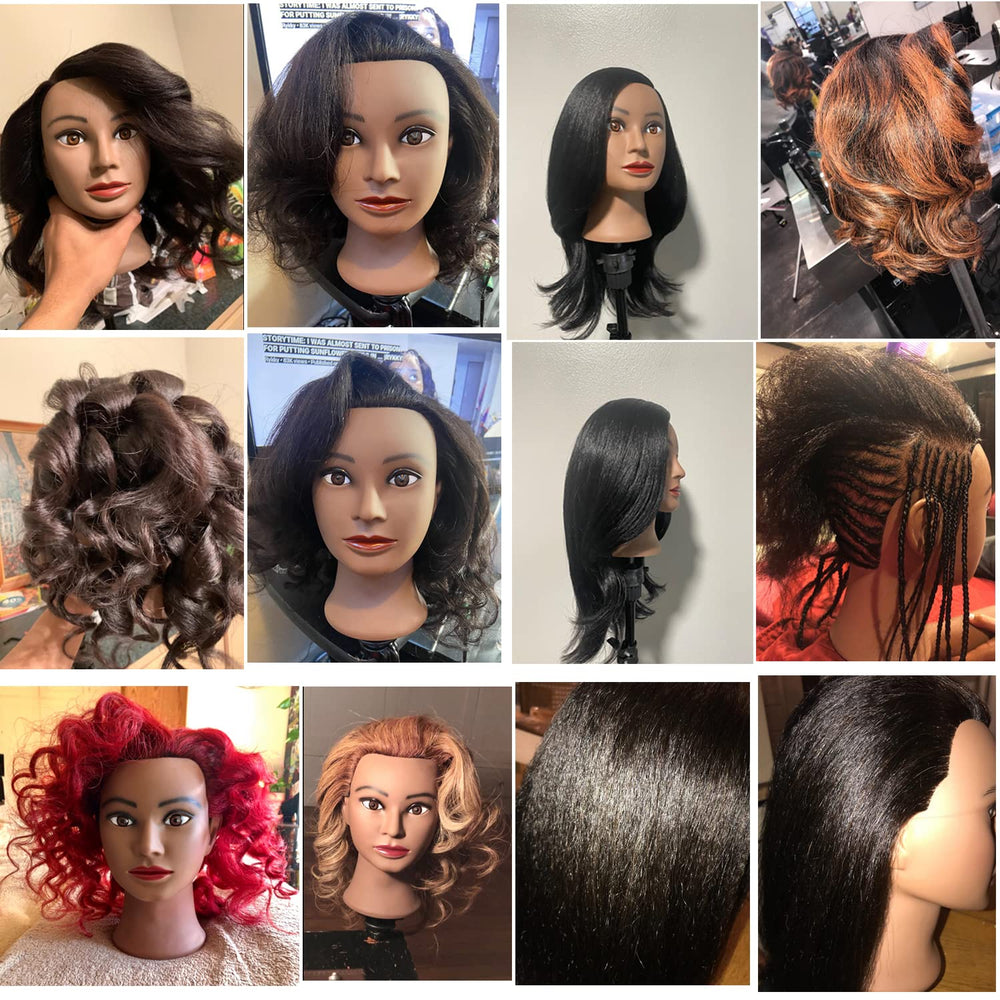 Traininghead hair-length-16in detail helps demonstrate measurement and styling.