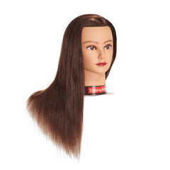 Traininghead mannequin head curling demonstration with heat styling.