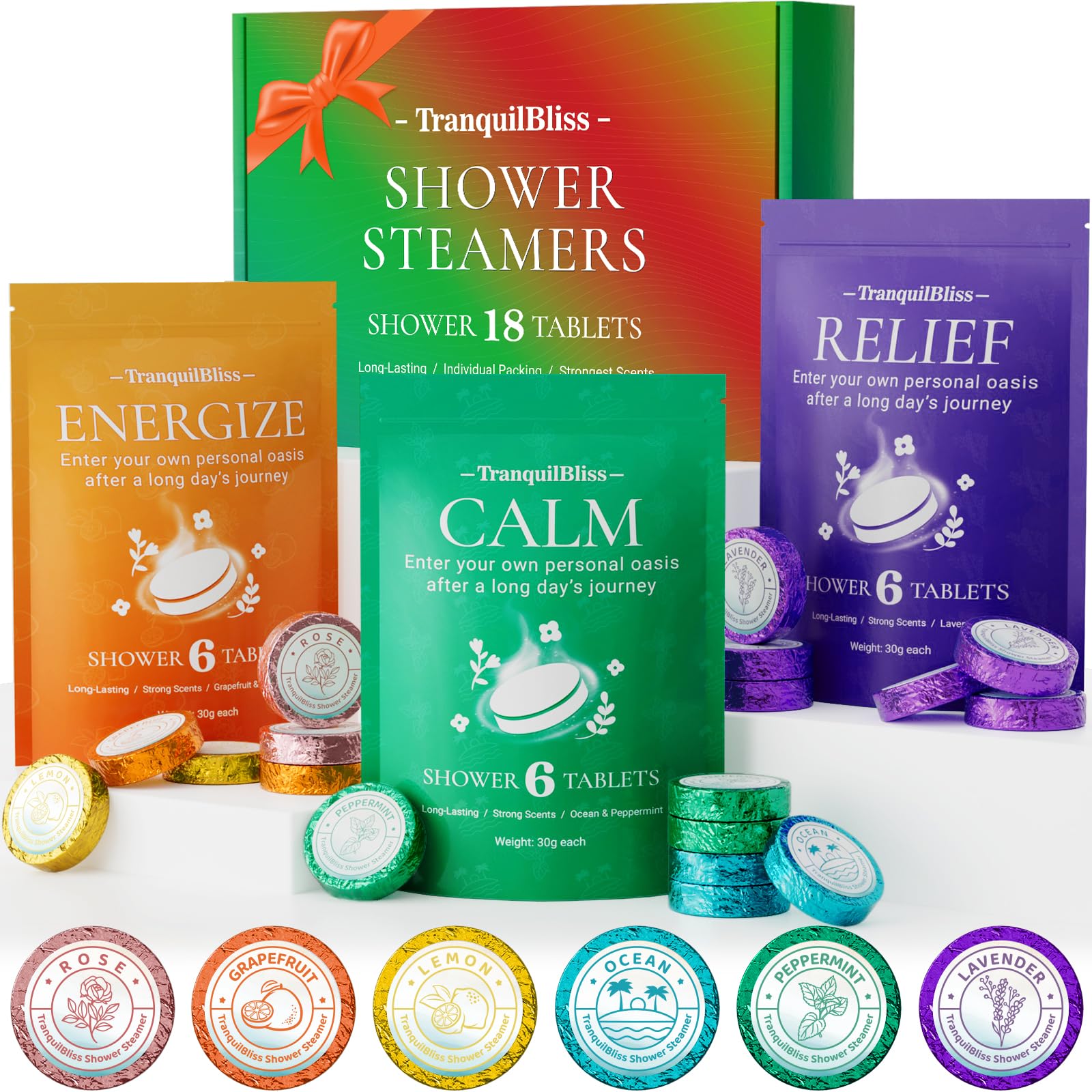TranquilBliss 18-pack packaging shows gift-ready presentation for self-care gifting.