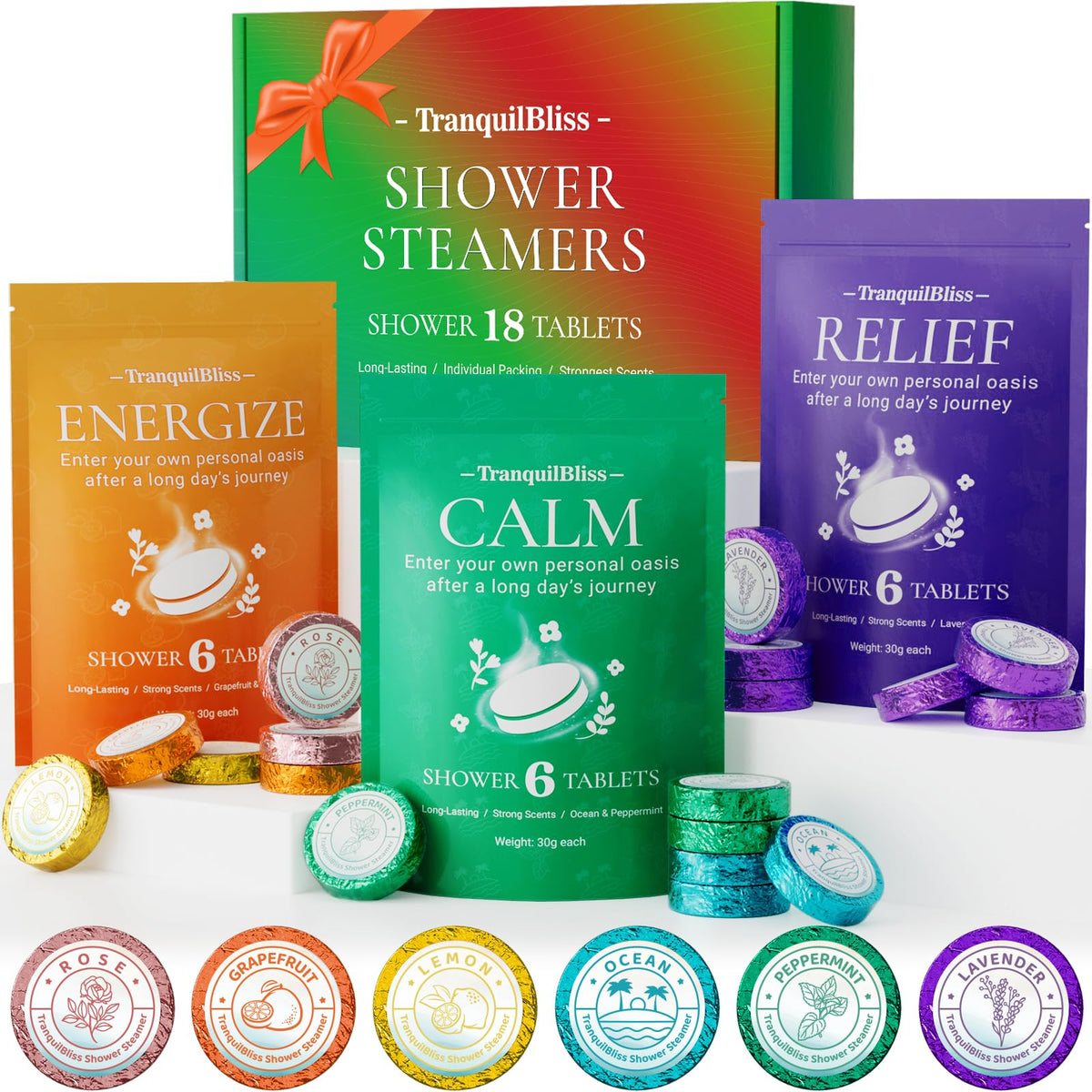 TranquilBliss 18-pack packaging shows gift-ready presentation for self-care gifting.