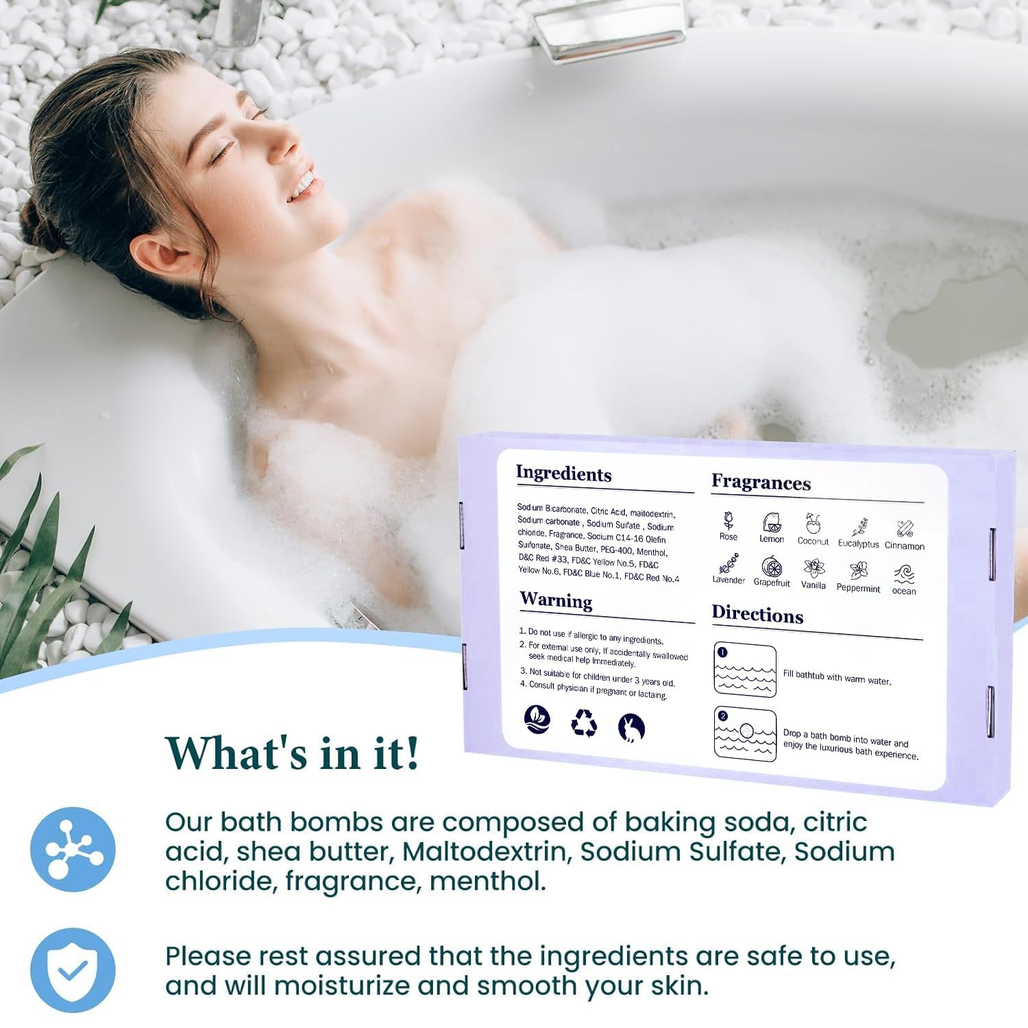 TranquilBliss Eucalyptus-scent bath bomb with soothing, cool refreshment in tub.