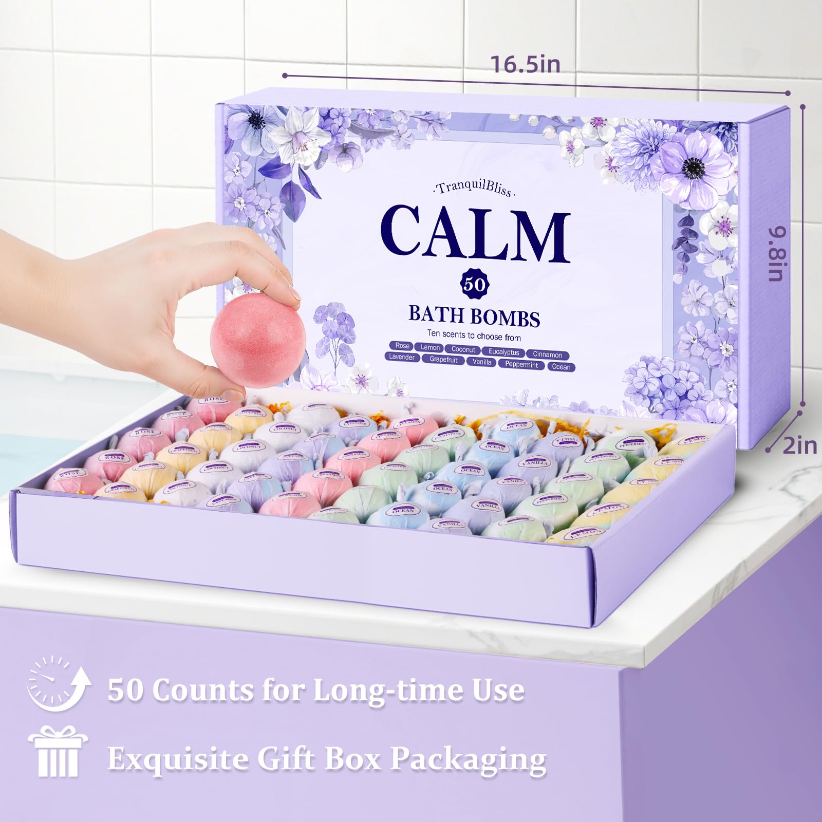 TranquilBliss bath bombs packaging — individually sealed for freshness and hygiene