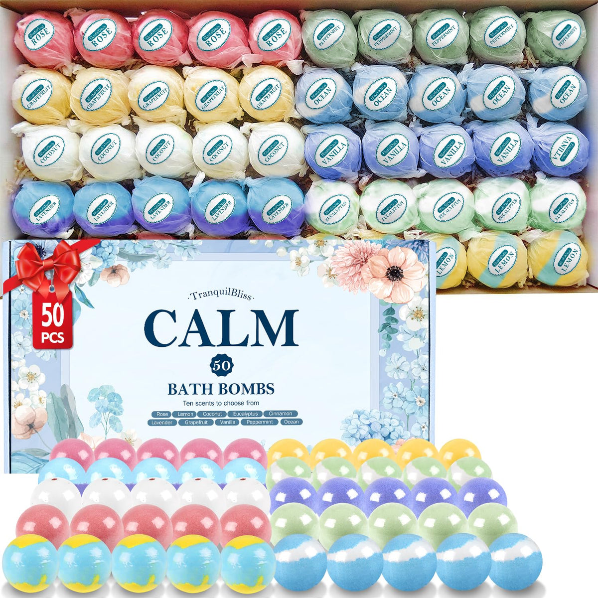 TranquilBliss bath bombs present box shows a gift-ready 50-piece set for celebrations.