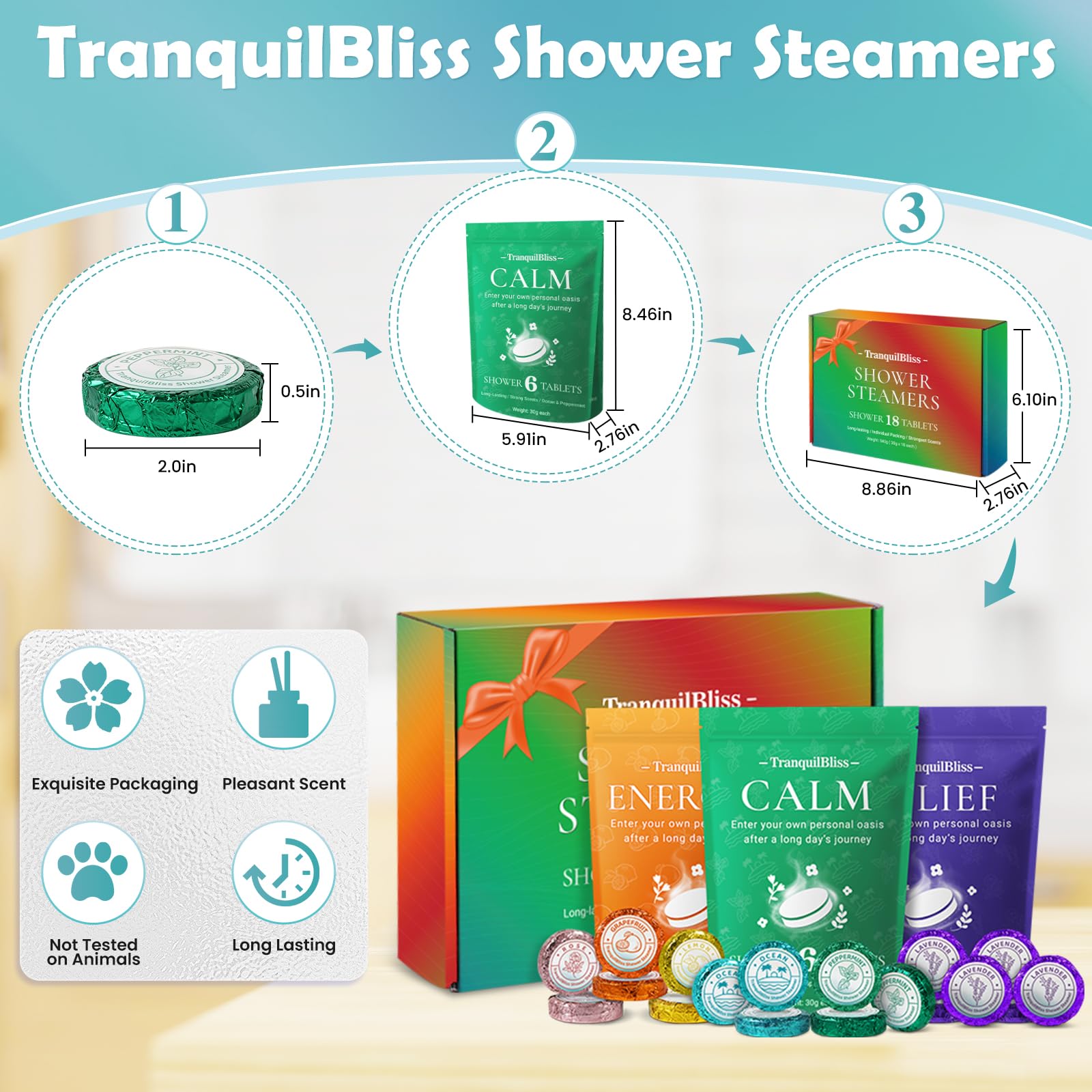 TranquilBliss lemon-scent shower-steamer image highlights uplifting citrus aroma for refreshing showers.