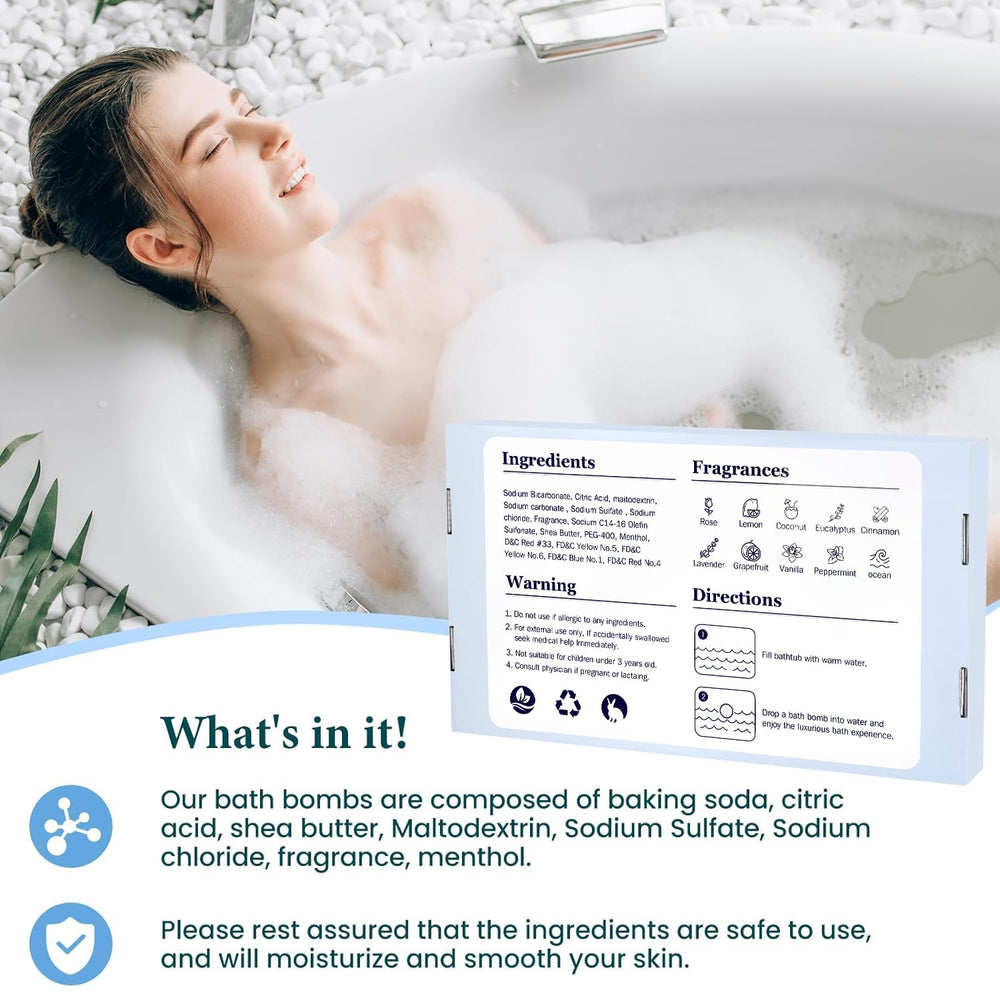 TranquilBliss mild ingredients graphic spotlights shea butter and natural formula for gentle baths.