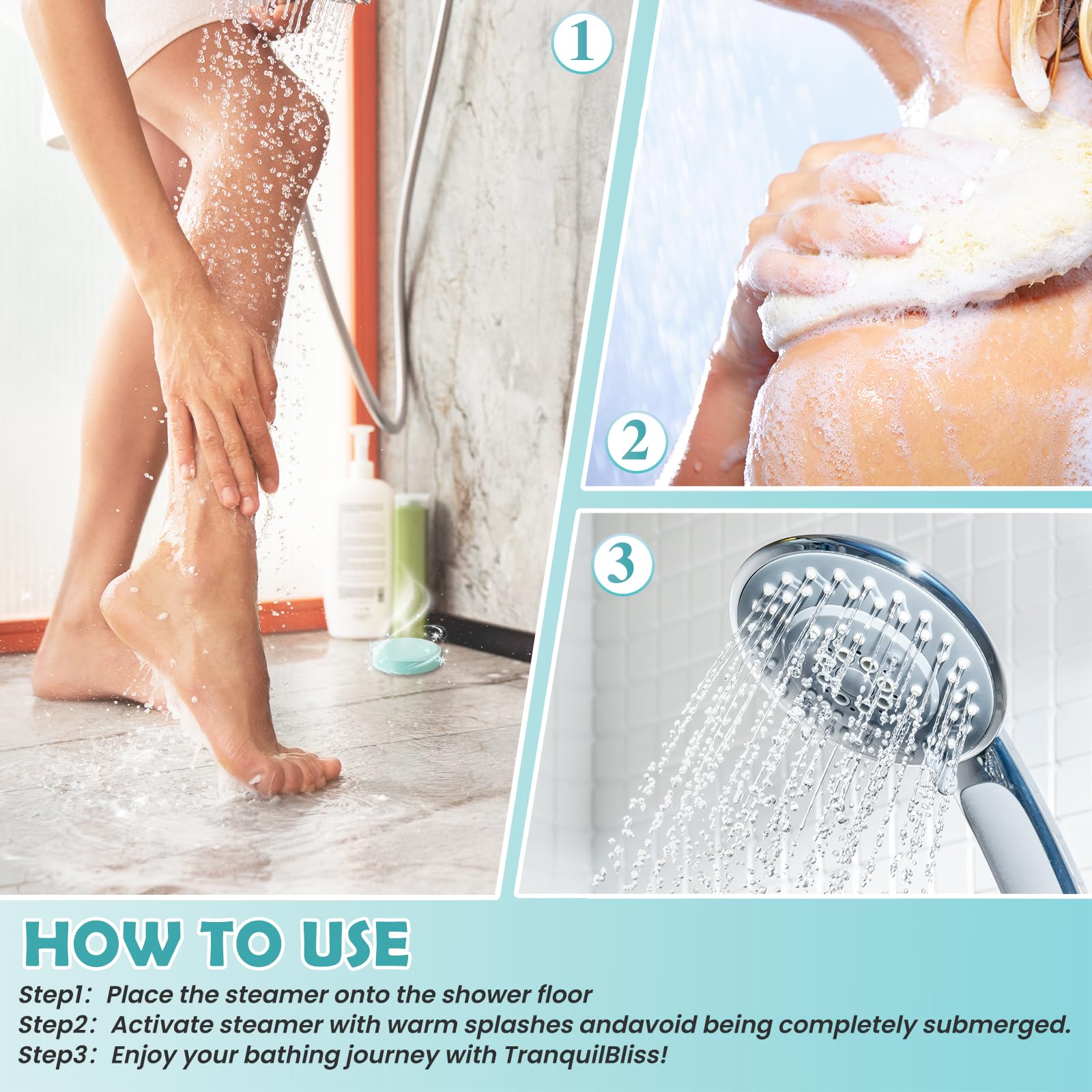 TranquilBliss peppermint-scent steamer provides cooling invigoration for revitalizing showers.