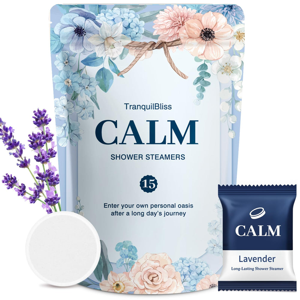 TranquilBliss shower steamers 15-pack packaging showcases gift-ready presentation.