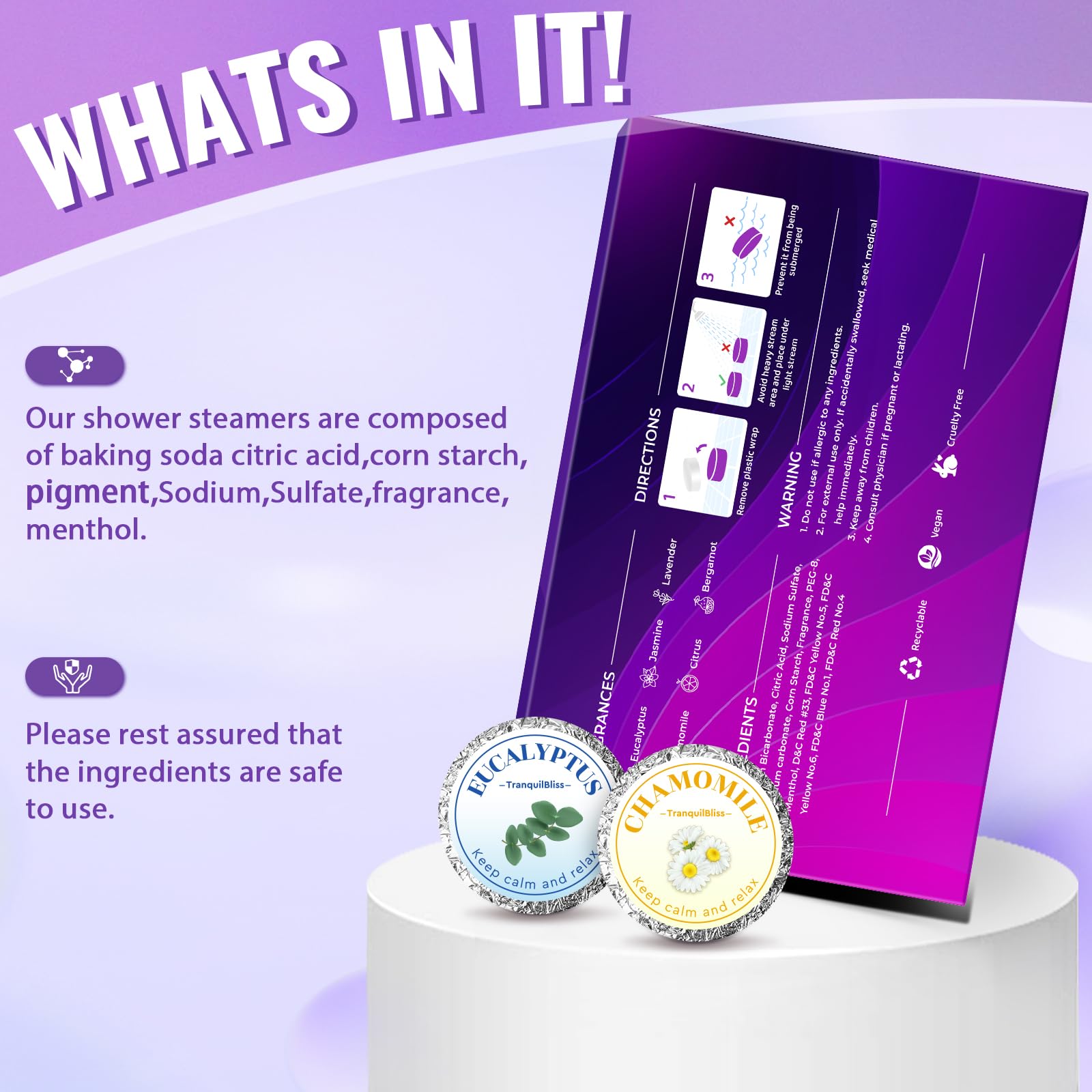TranquilBliss tablets in shower scene releasing refreshing fragrance for a rejuvenating wash.
