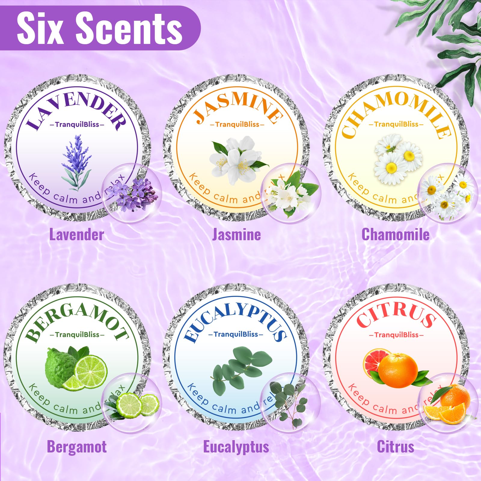 TranquilBliss eucalyptus-lavender scent closeup signals calming aromatherapy during showers.