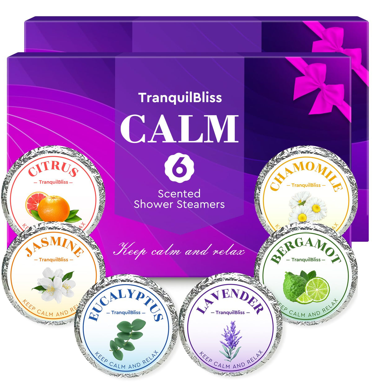TranquilBliss shower steamers packaging highlighted for gifting and relaxation.