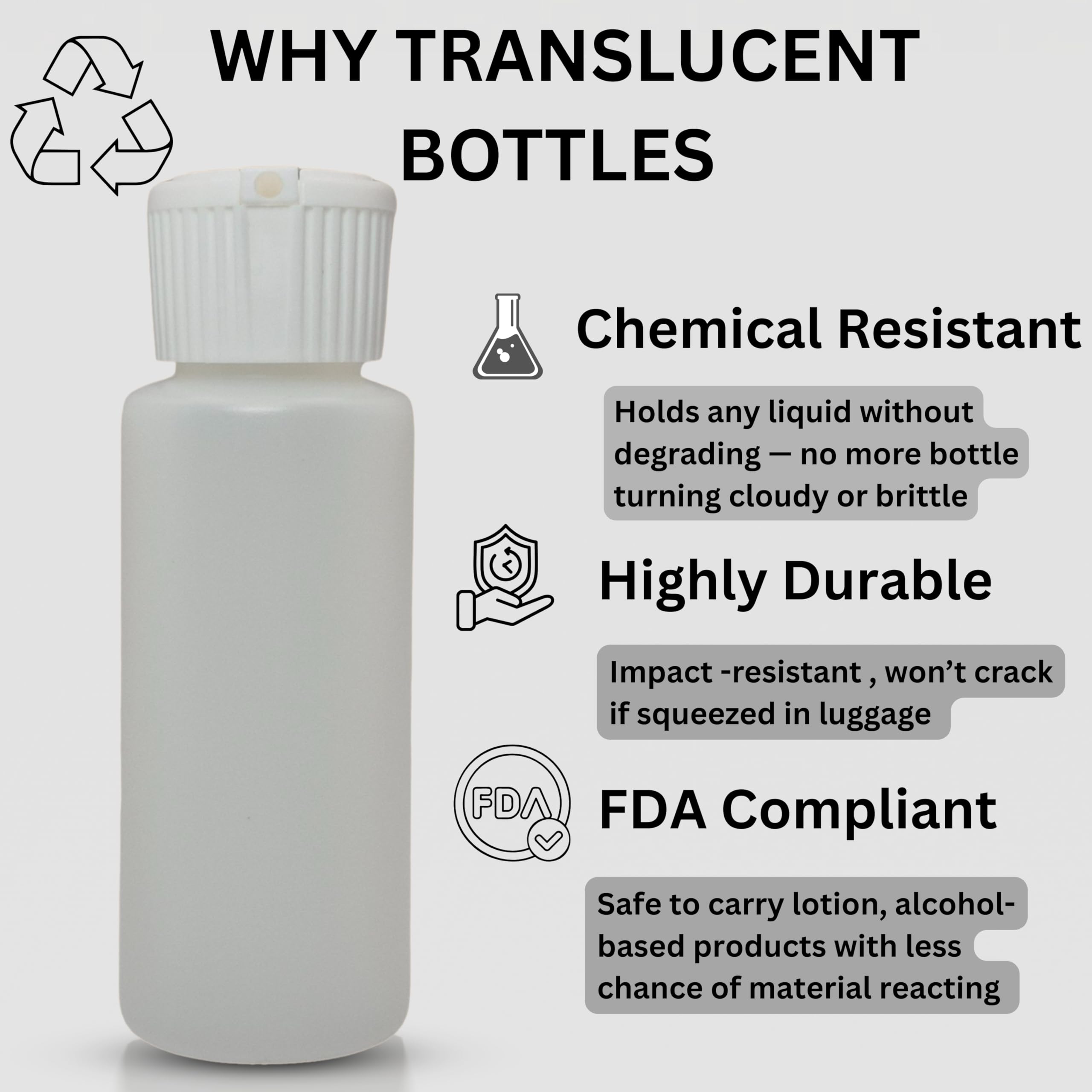 Translucent squeeze bottles clear body closeup shows crystal clarity for easy content ID.