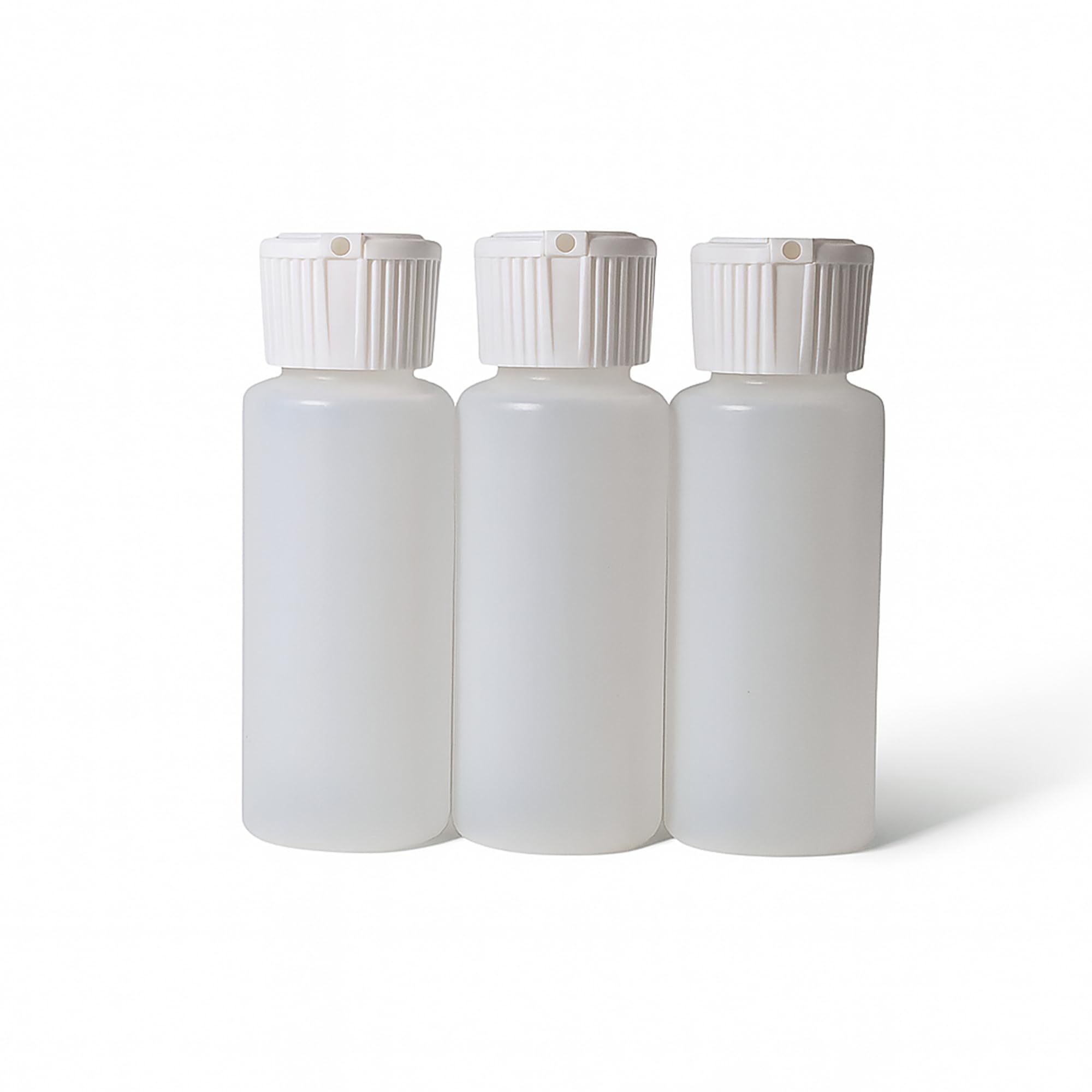 Translucent squeeze bottles with flip-top cap for on-the-go cosmetics.