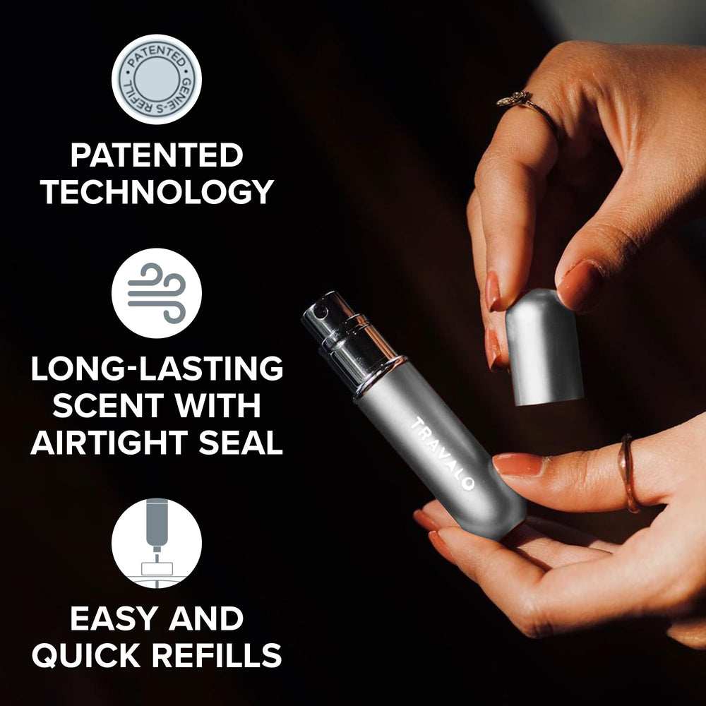 Travalo Classic HD silver volume window view shows remaining perfume at a glance for easy refills.