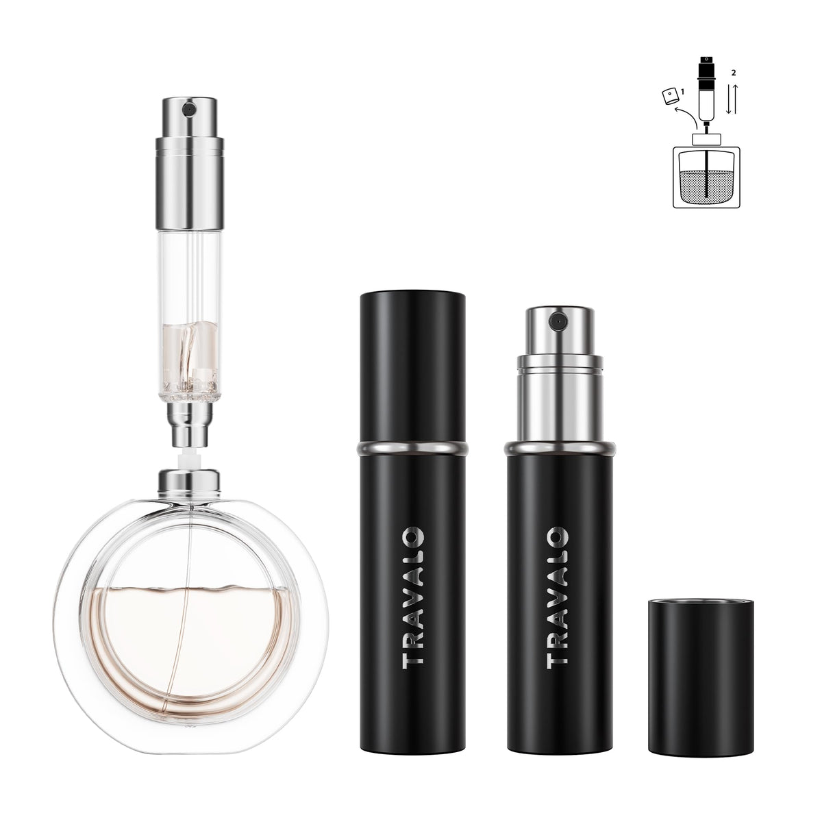Travalo refillable perfume atomizer travel-size Essenti-Black for on-the-go scent application.