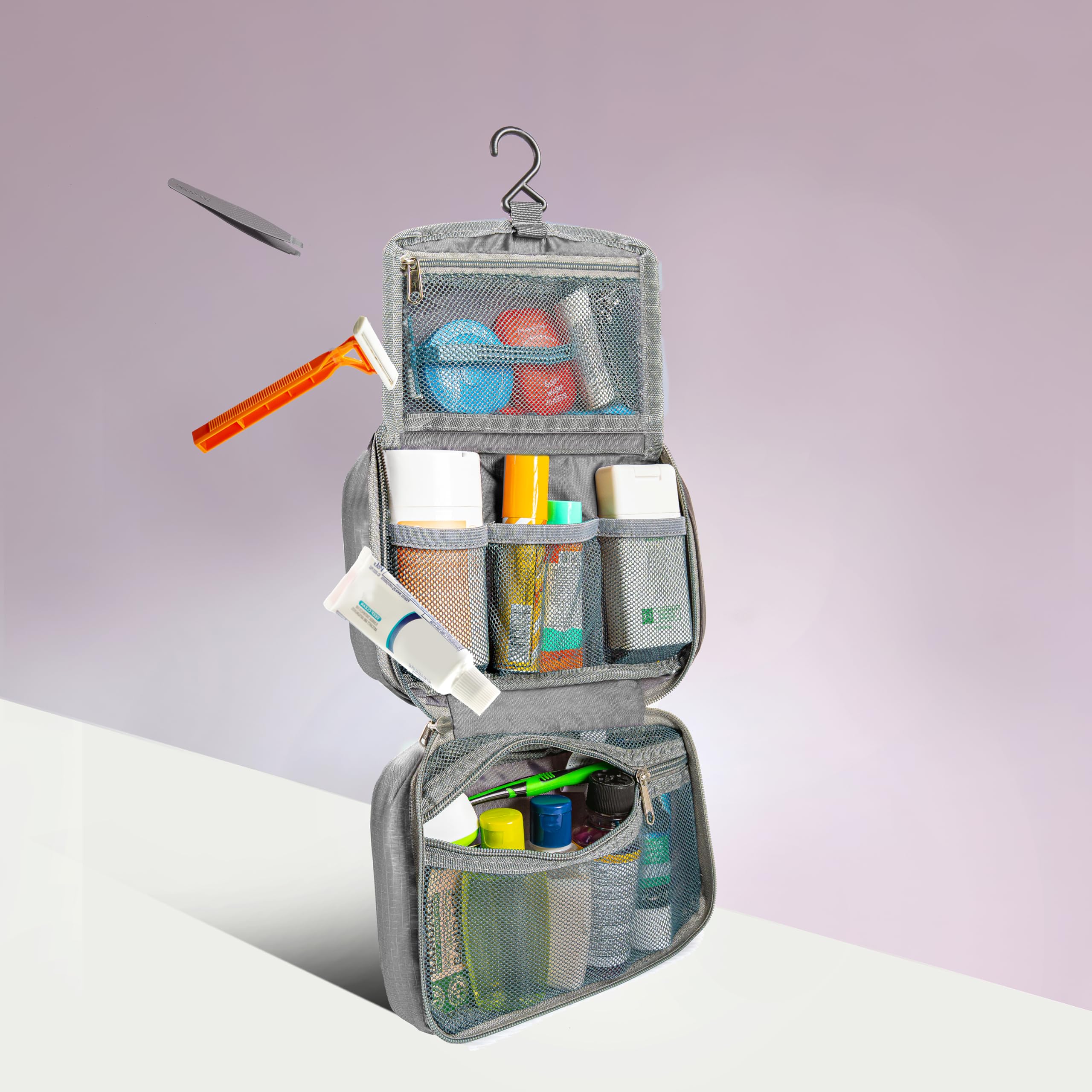 Travelon compact hanging toiletry kit open view revealing full organization