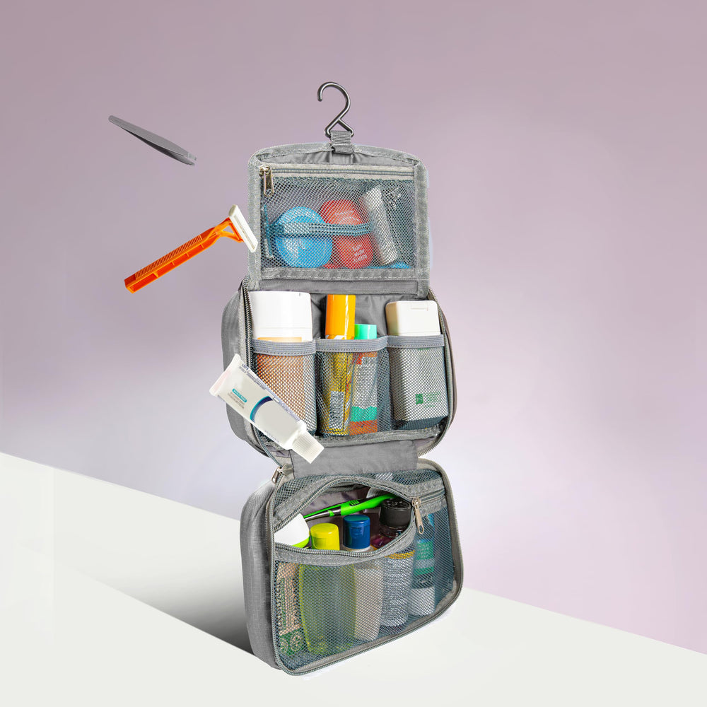 Travelon compact hanging toiletry kit open view revealing full organization
