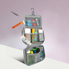Travelon compact hanging toiletry kit open view revealing full organization