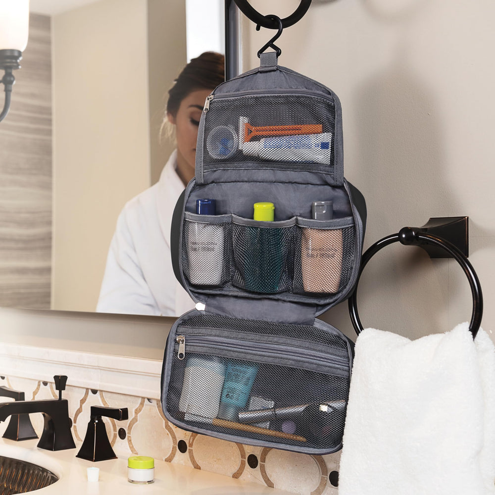 Travelon Compact Hanging Toiletry Kit open view showing full access and packing space