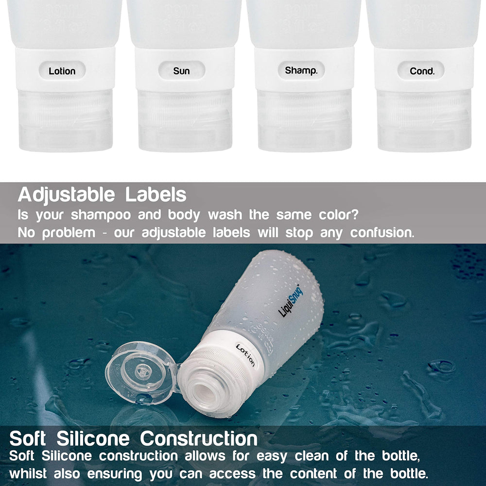 TravelSnugs LiquiSnugs adjustable labels prevent mix-ups during quick showers