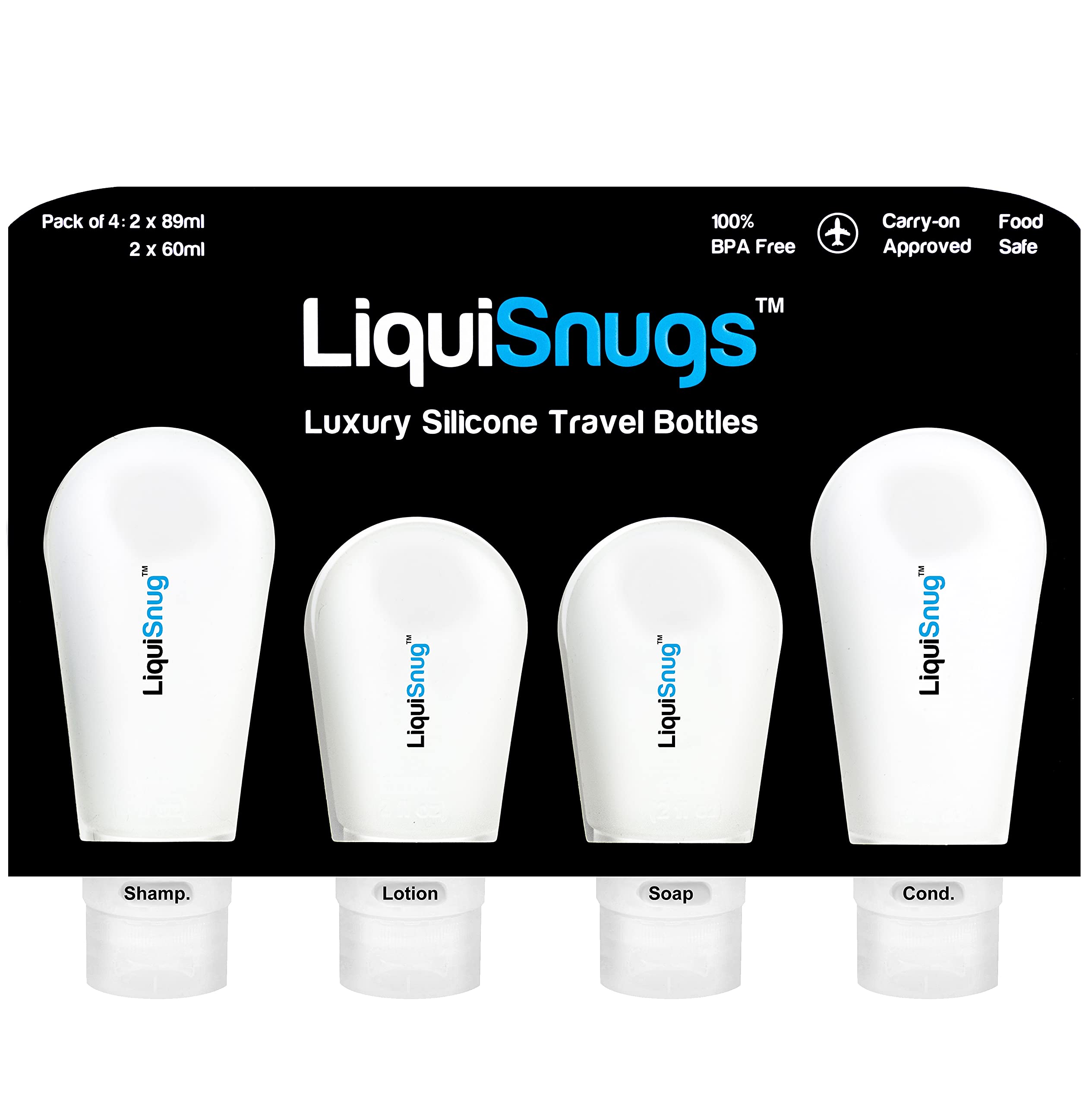 TravelSnugs LiquiSnugs leakproof bottle set close-up showing secure seals for carry-on travel