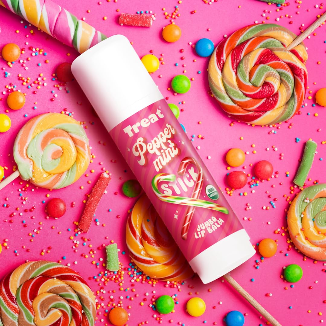 Treat Jumbo Lip Balm organic ingredients label highlights cruelty-free status