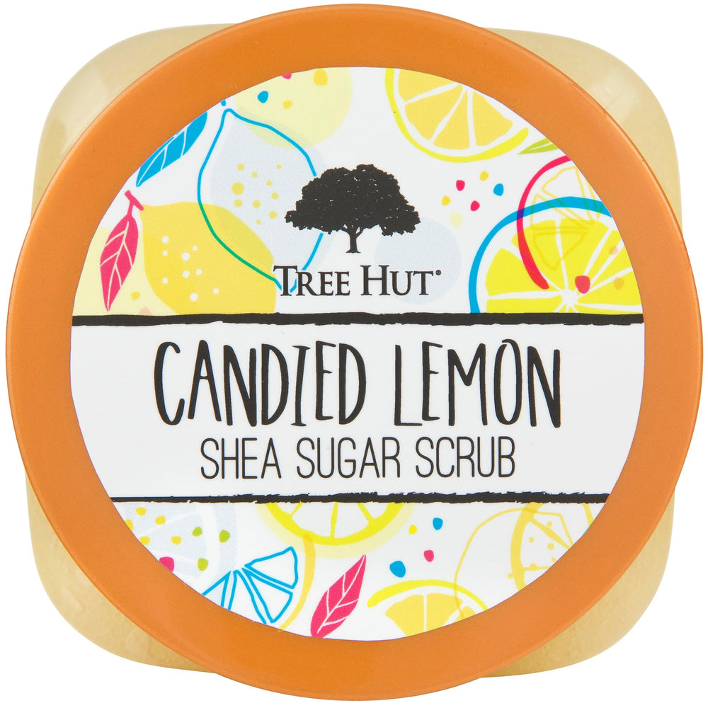 Closeup of Tree Hut Candied Lemon sugar crystals highlighting gentle exfoliation