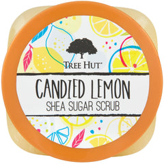Closeup of Tree Hut Candied Lemon sugar crystals highlighting gentle exfoliation