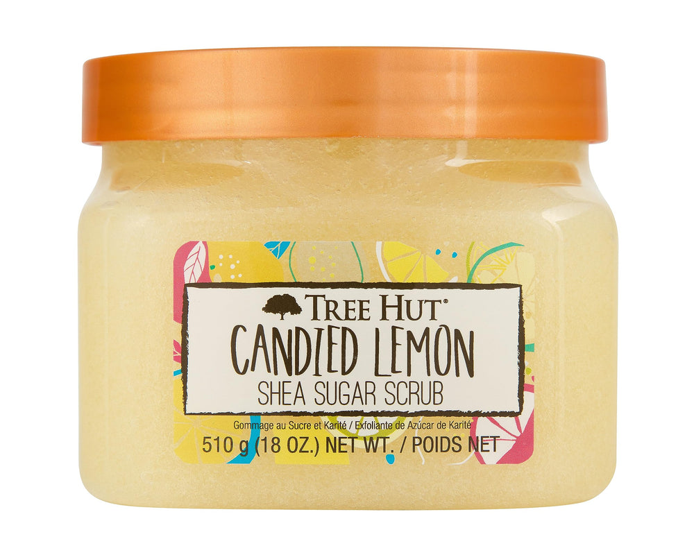 Tree Hut Candied Lemon sugar scrub jar showing texture for exfoliation