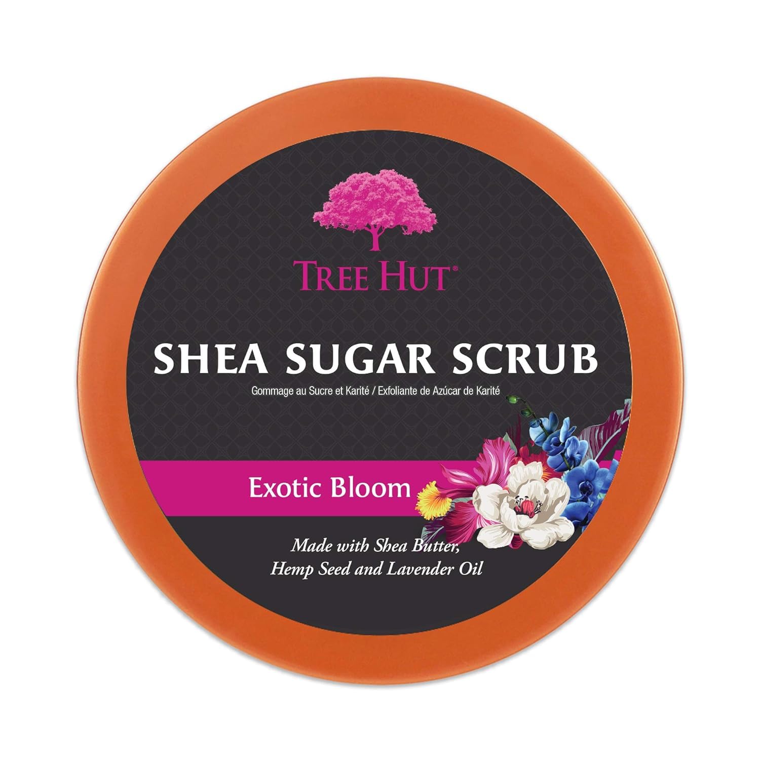Tree Hut Exotic Bloom ingredients display with shea butter and lavender oil for nourished skin