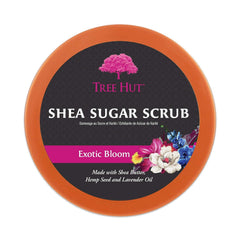 Tree Hut Exotic Bloom ingredients display with shea butter and lavender oil for nourished skin